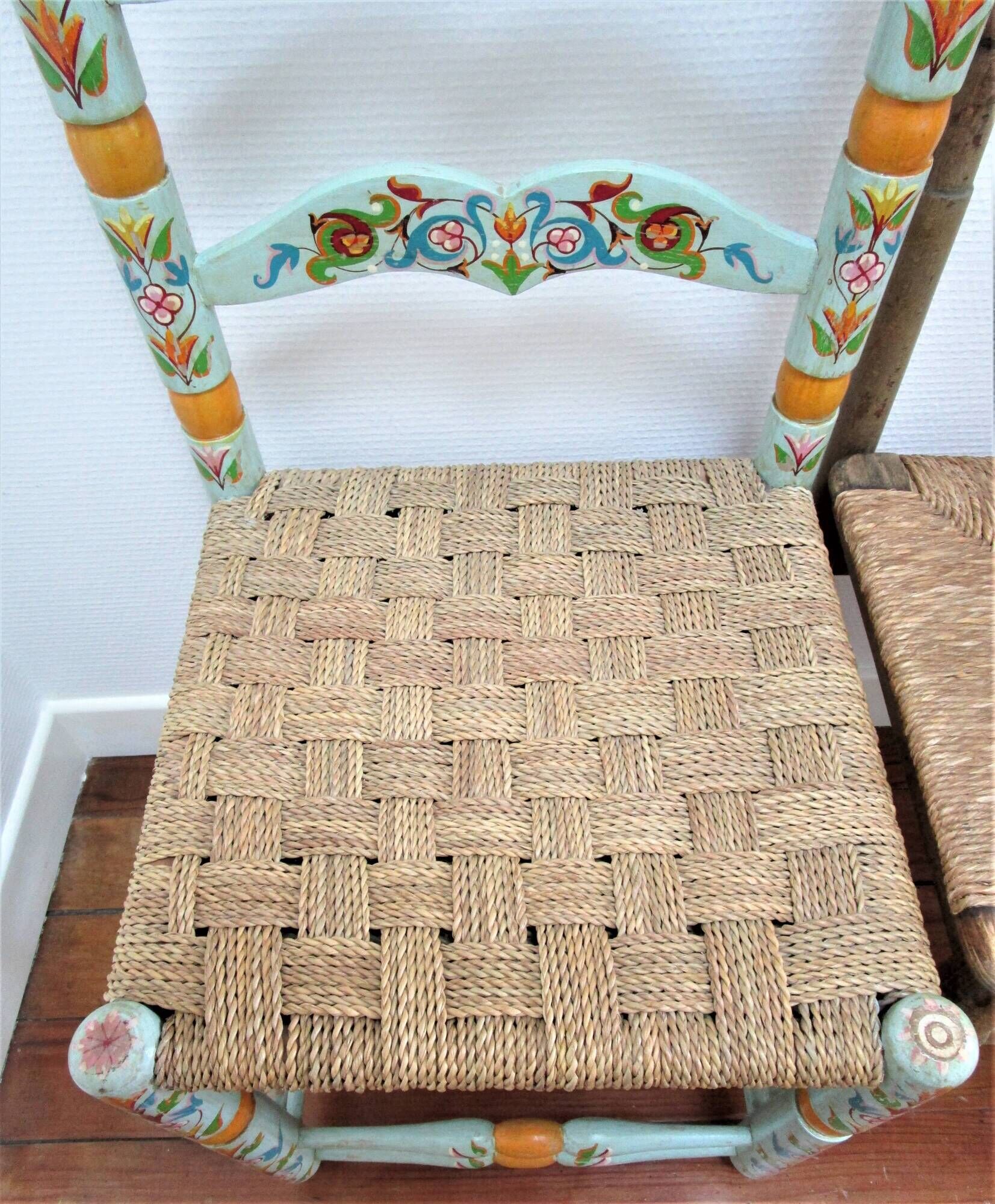 Two chairs patinated polka dots and painted wood folk art seat vintage straw