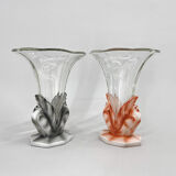 Set of Two Art Deco Dove Birds Glass Vases by Josef Feigl for Libochovice Glassworks, 1930s