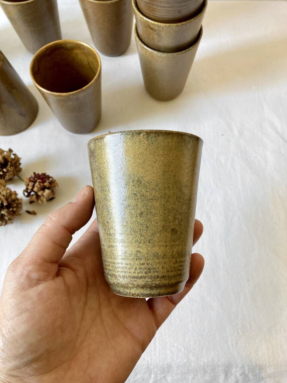 Set of 12 glazed stoneware cups, Digoin Stoneware Pots