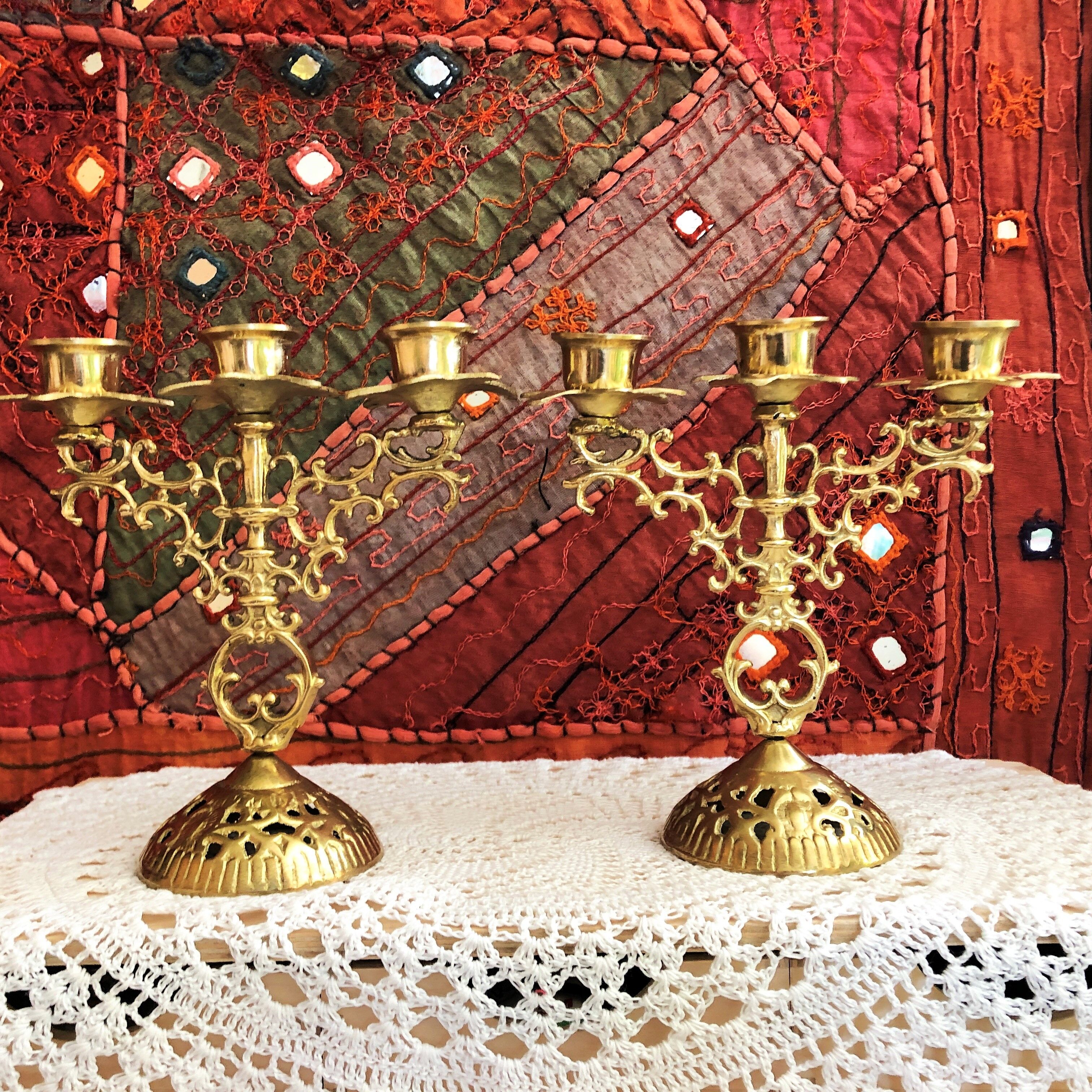 Pair of candlesticks 3 branches golden brass