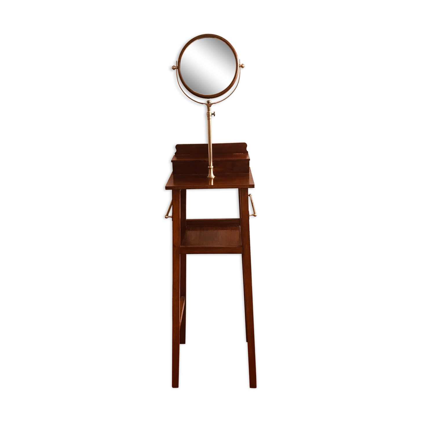 English barbier at the end of the 19th century. Mahogany and brass. Normal and magnifying mirror