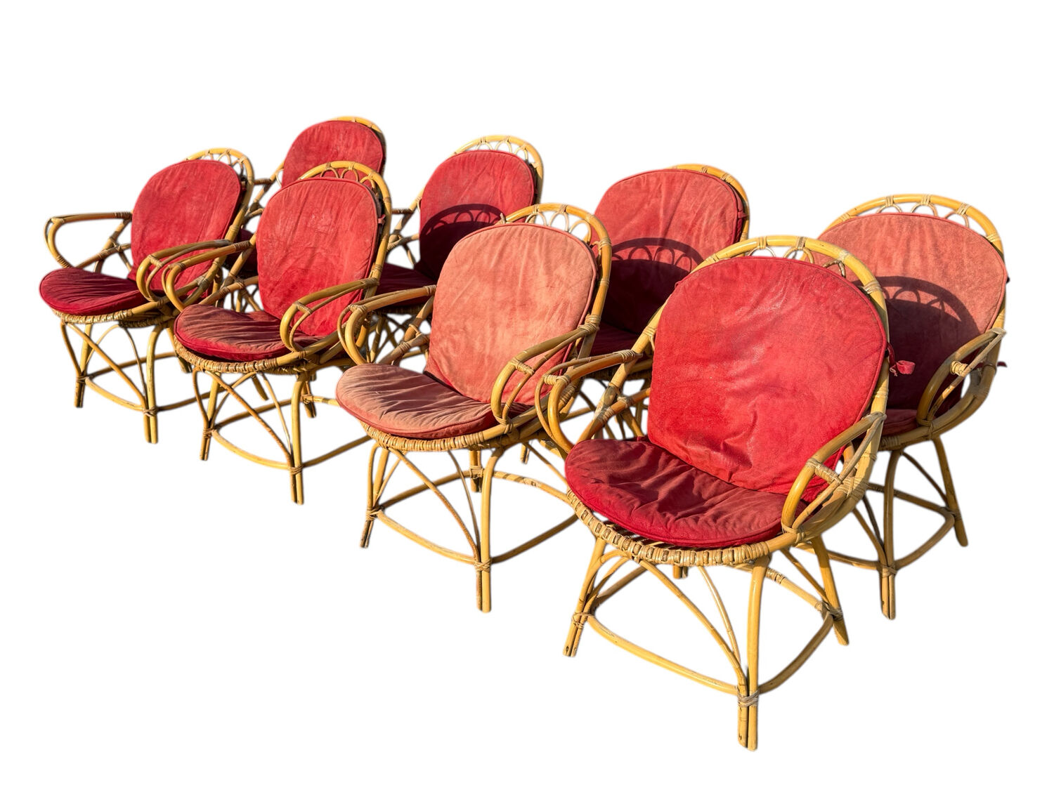 Set of 8 rattan armchairs from the 1960s, France.