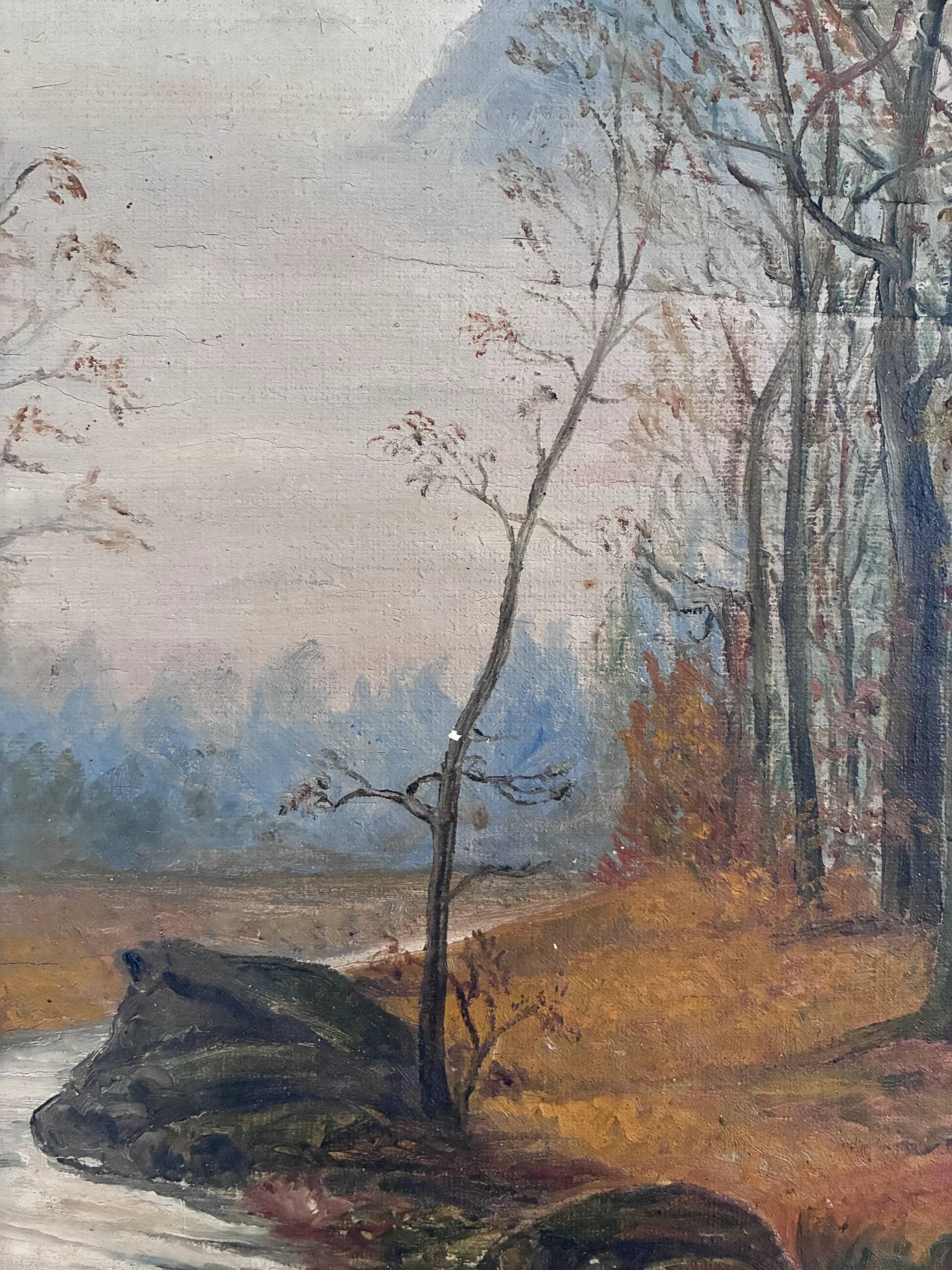 Antique original forest landscape oil painting c. 1910