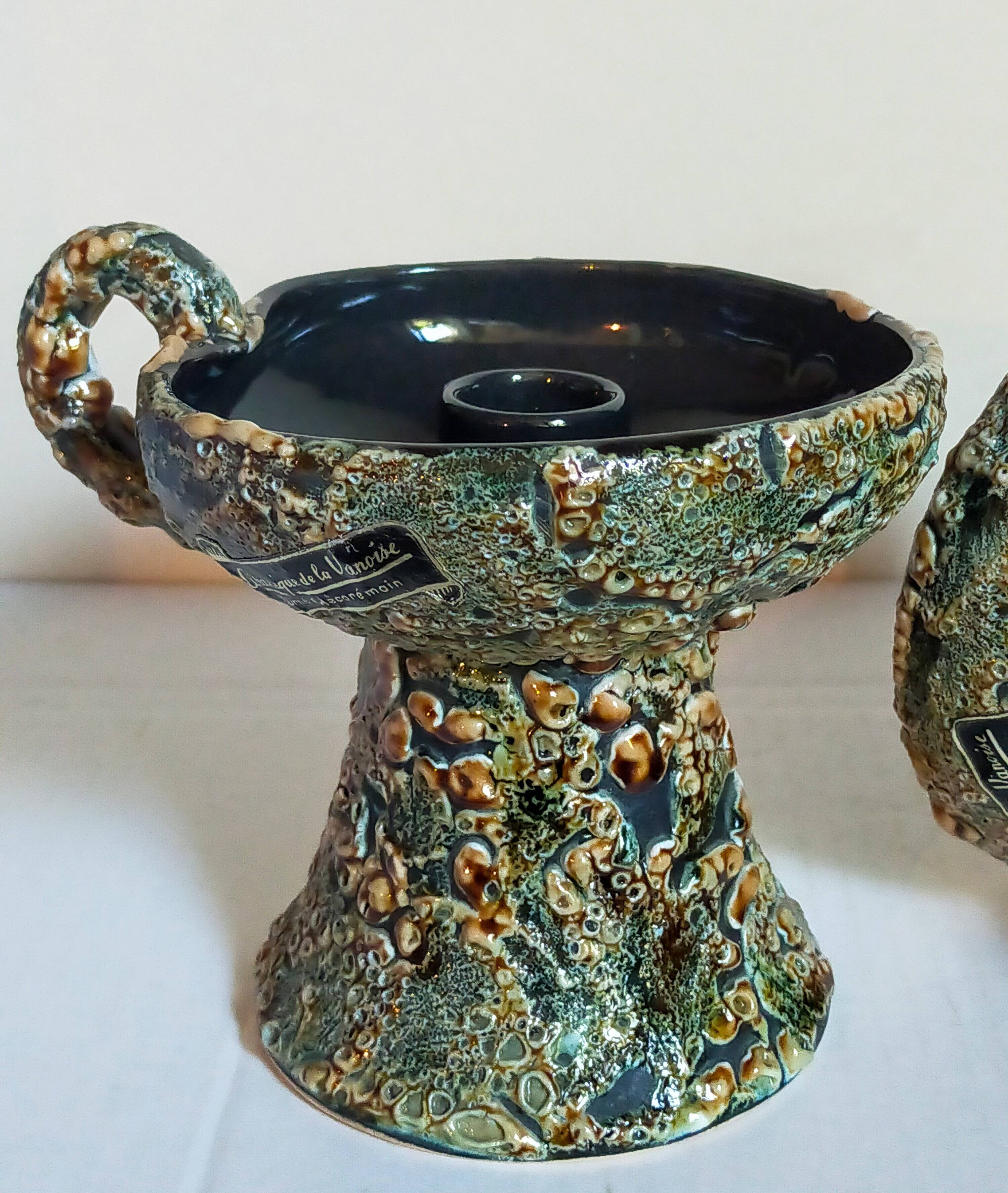 Pair of vintage Vanoise honey foam ceramic candlesticks