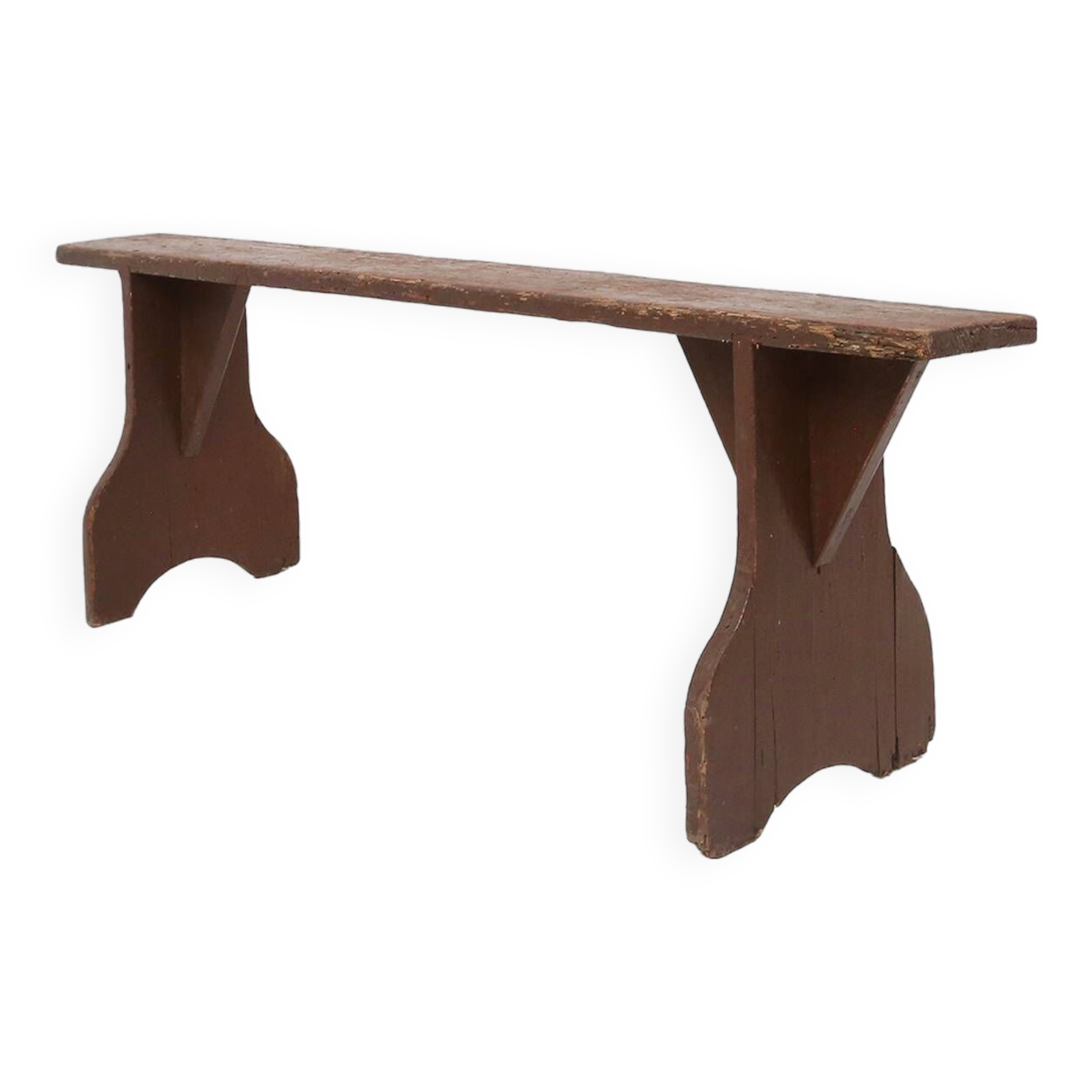 Mid-century rustic bench in brown painted wood, France ca. 1890