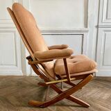 Folding armchair relax vintage wood and velvet with armrests - 70's