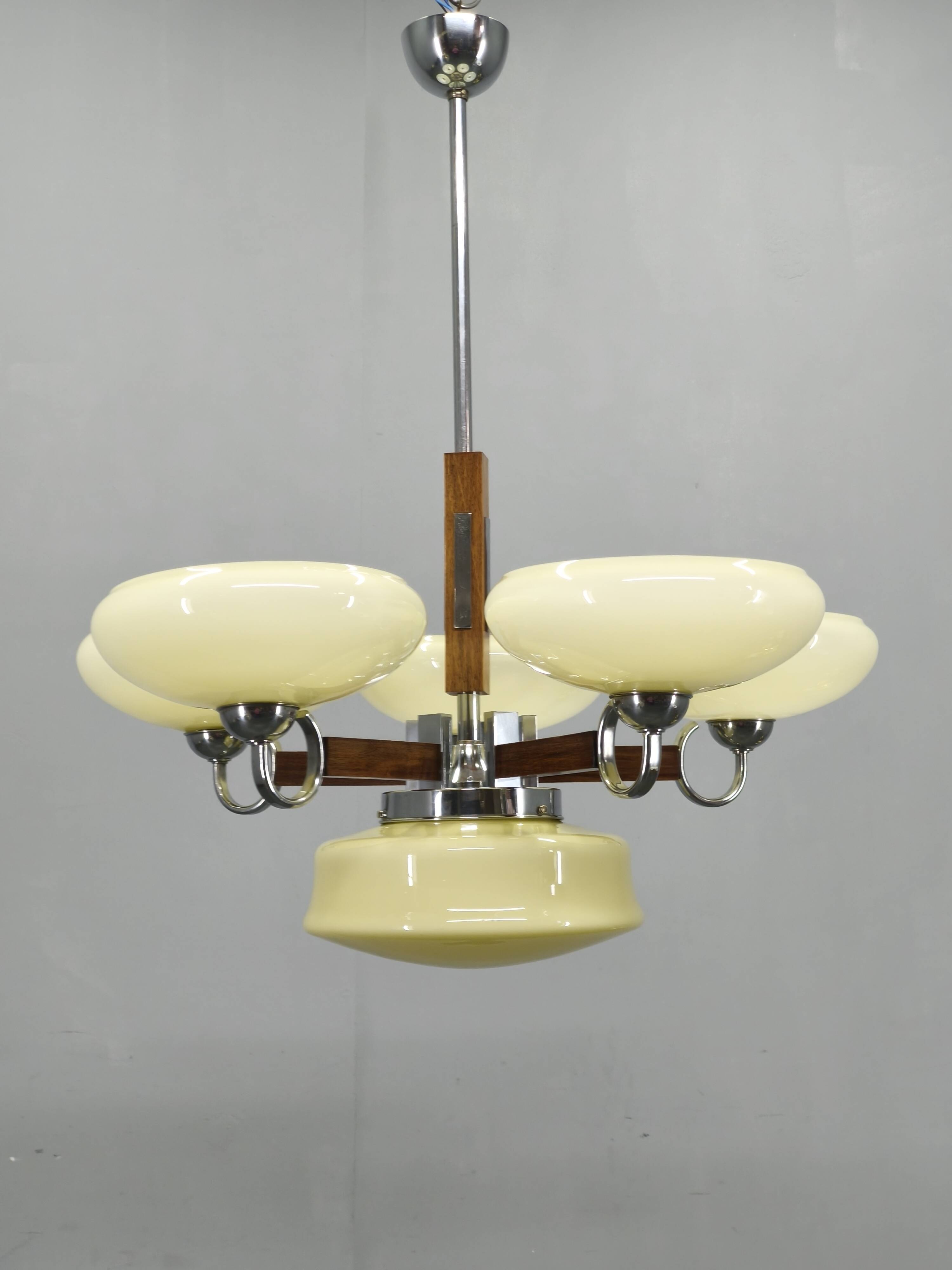 Art Deco Chrome and Walnut Chandelier, Czechoslovakia, 1930s