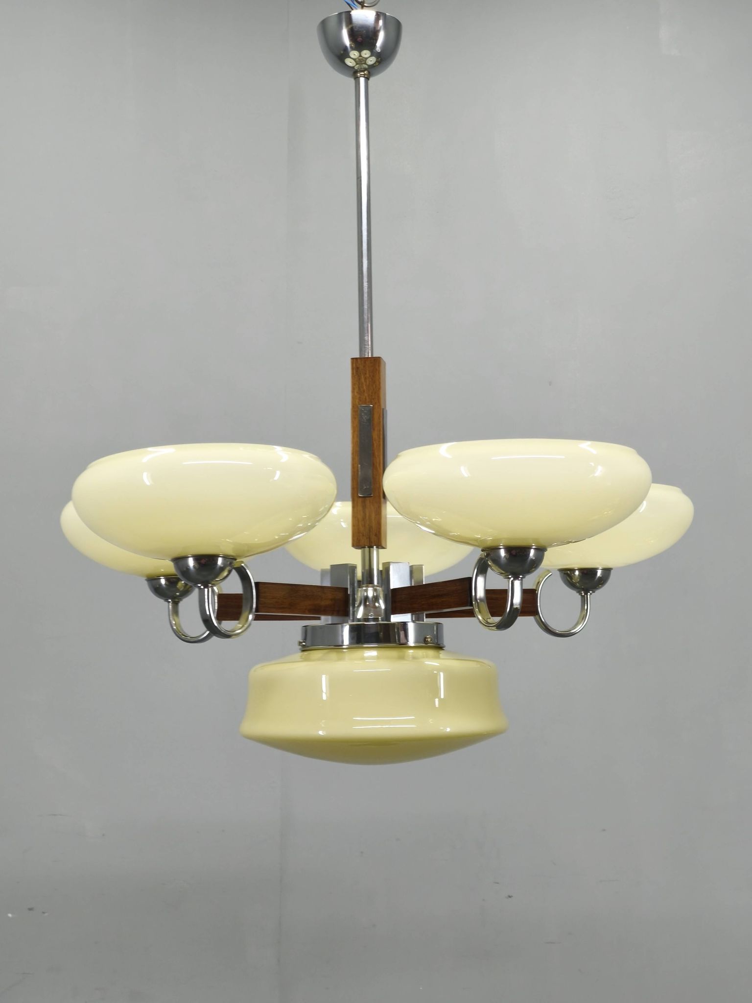 Art Deco Chrome and Walnut Chandelier, Czechoslovakia, 1930s