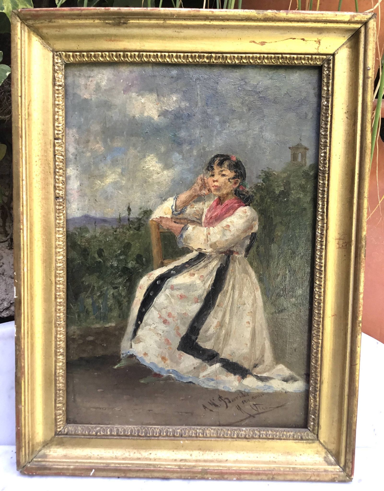 Oil on framed panel, young girl in front of a landscape signed Vico.