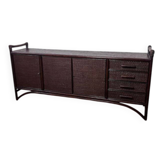 Vintage sideboard in woven wicker and bamboo