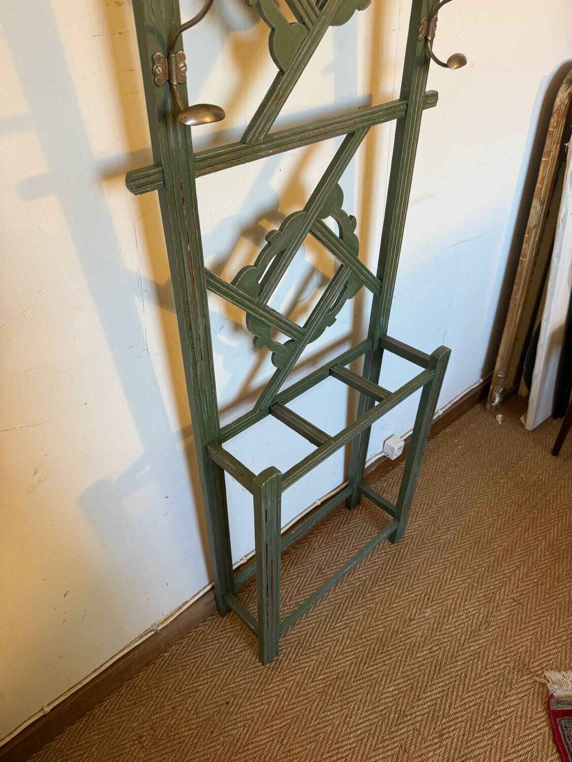 Art Deco coat rack in green patinated wood