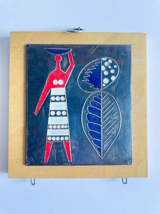Vintage mid-century three-panel enamel figurative wall art