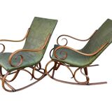 Set of 2 thonet style rocking chairs in green leatherette