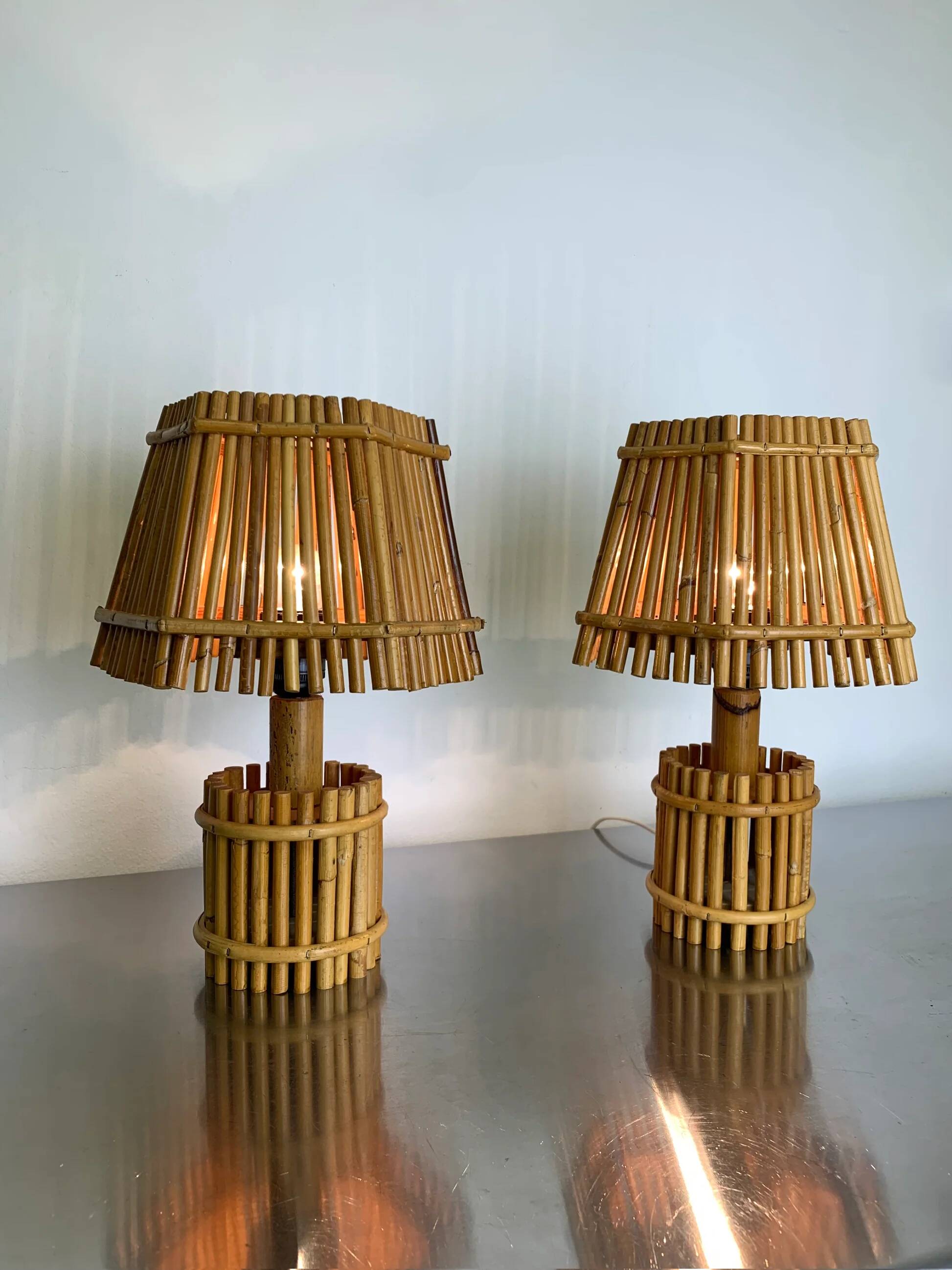 Pair of French Riviera bamboo & rattan table lamps, Louis Sognot's style, 1960s