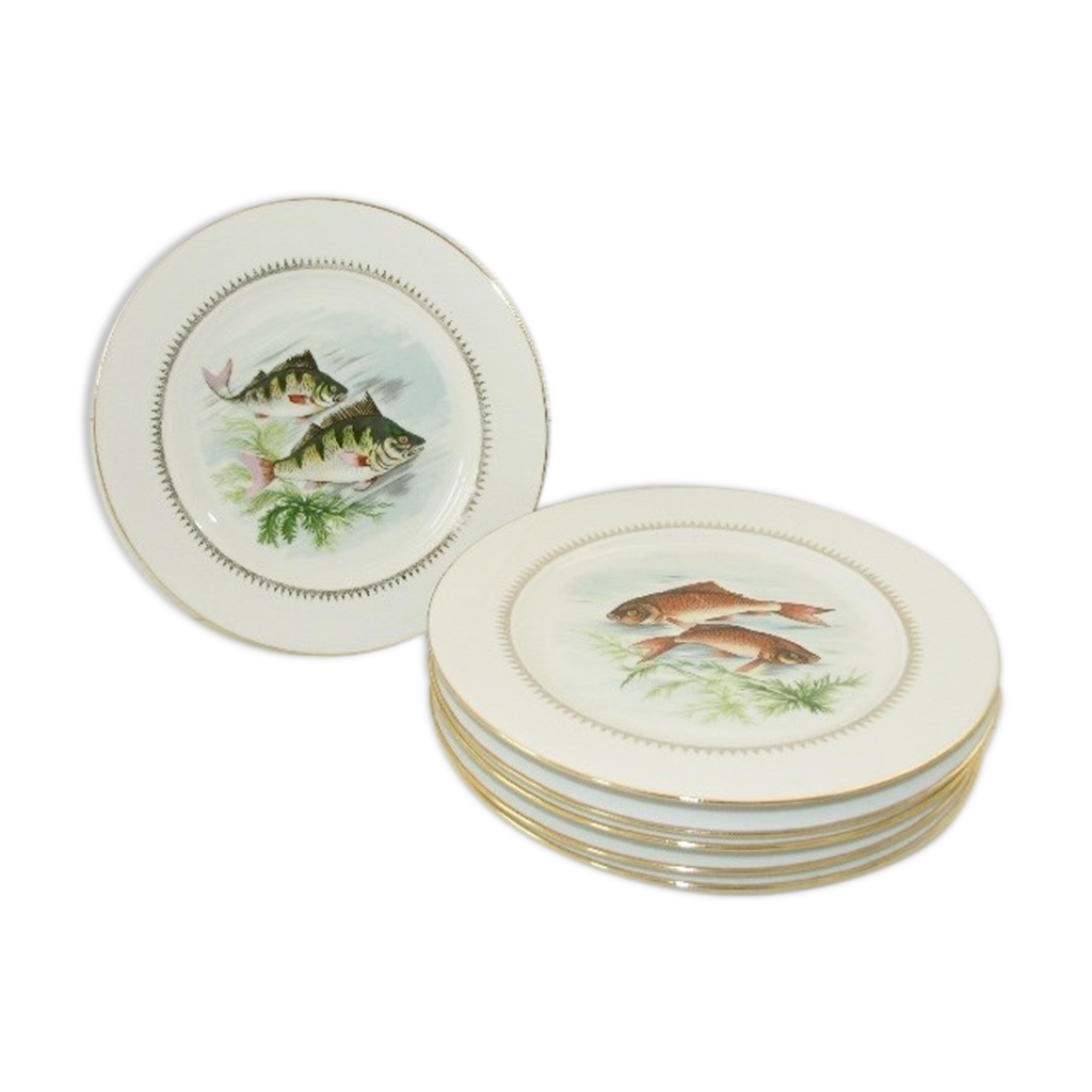 Lot De 6 Assiettes Vintage Motif Poissons - Céramique Multicolore, Déco Nature