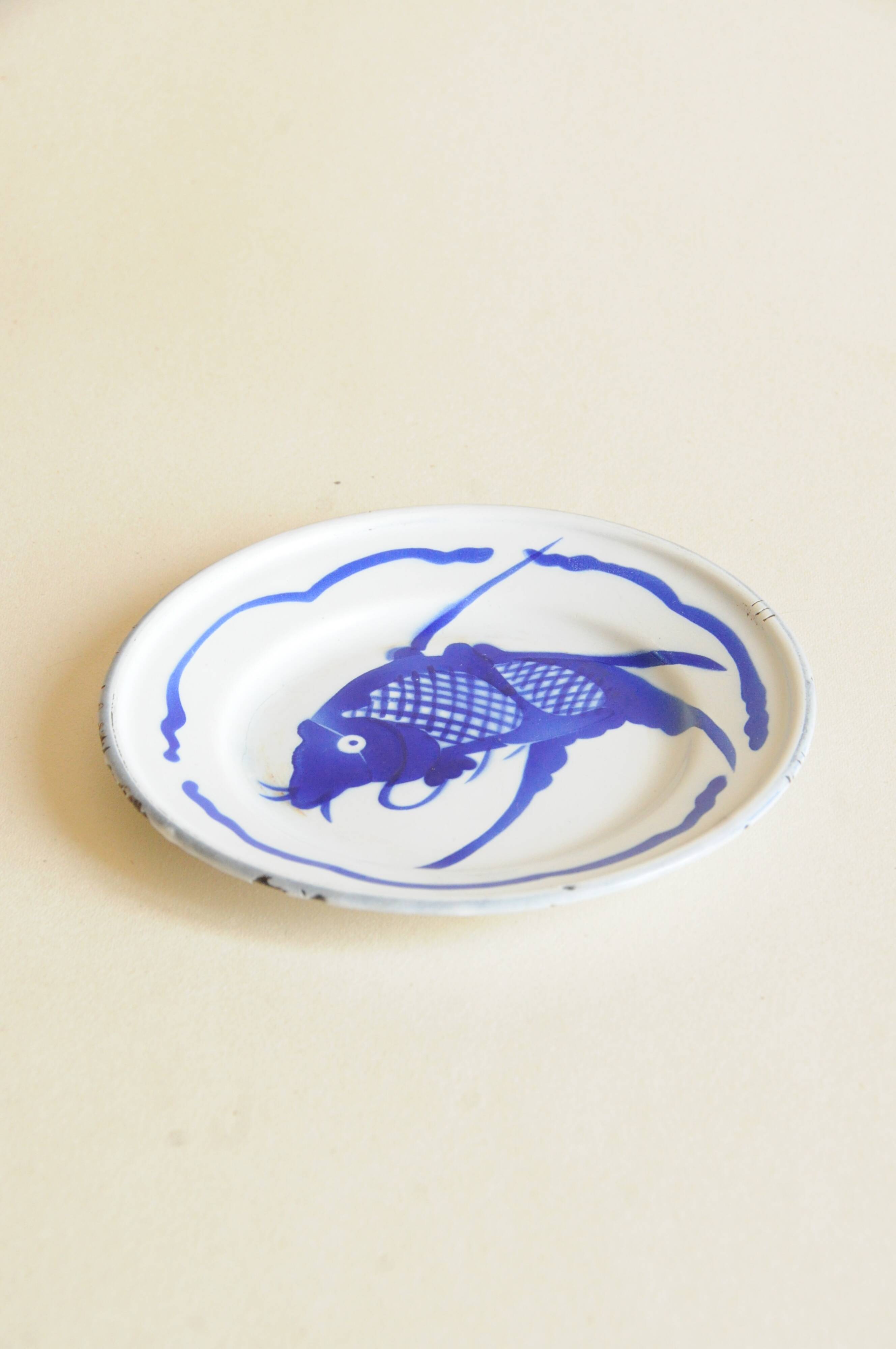 Vintage Chinese Enamelled Metal Plate with Blue Koi Carp Fish Decoration