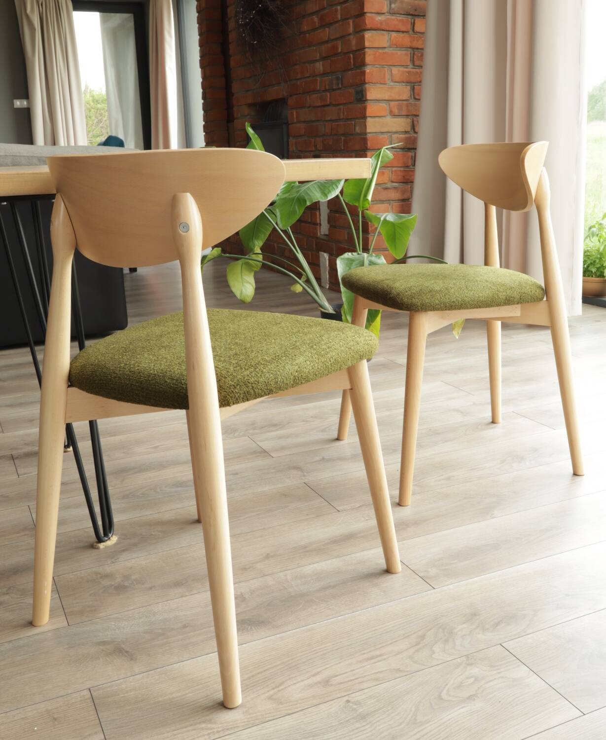 Natural Dining Chair with green upholstery, new modern design vintage style