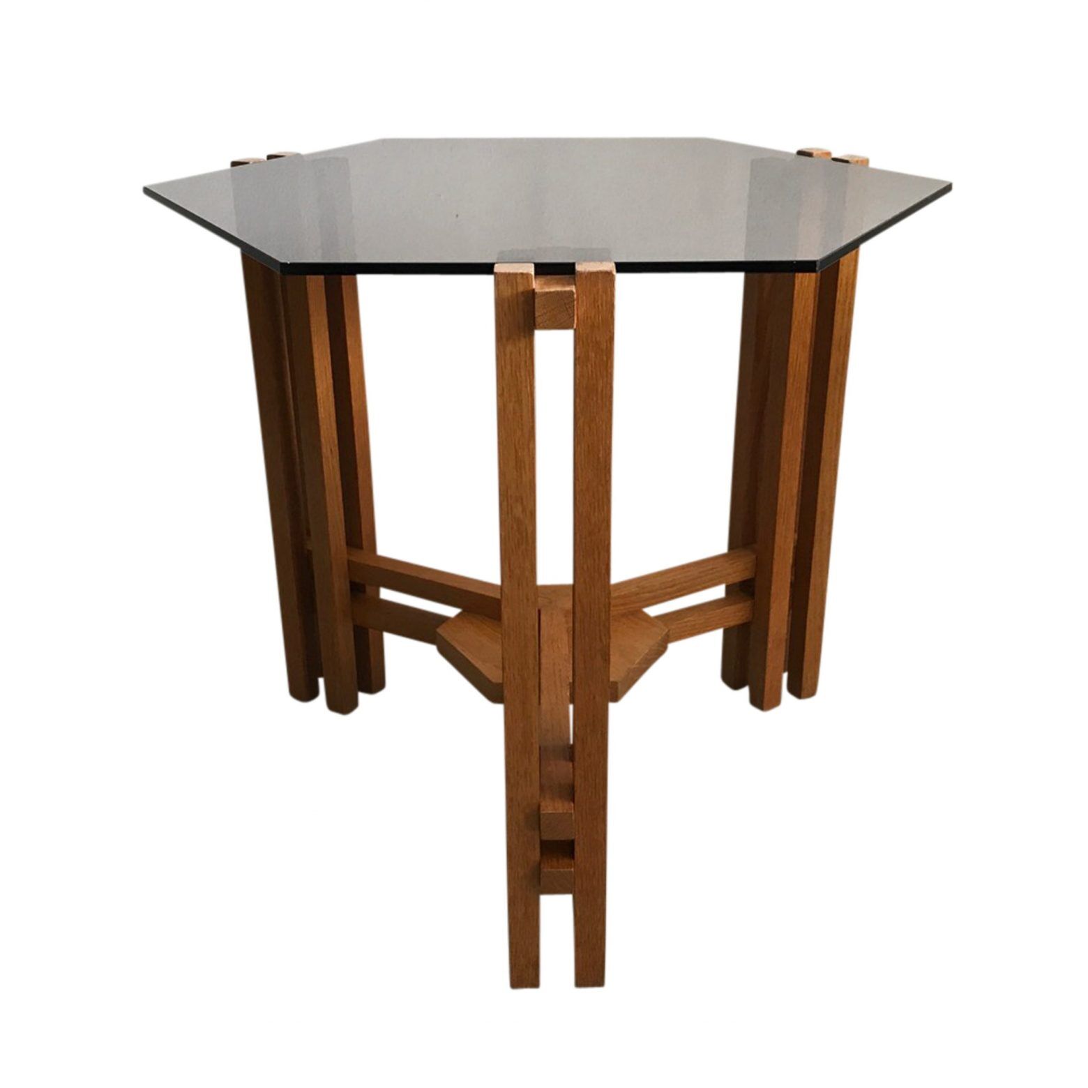 Table d’appoint moderniste néerlandaise en bois et en verre hexagonale des années 1960