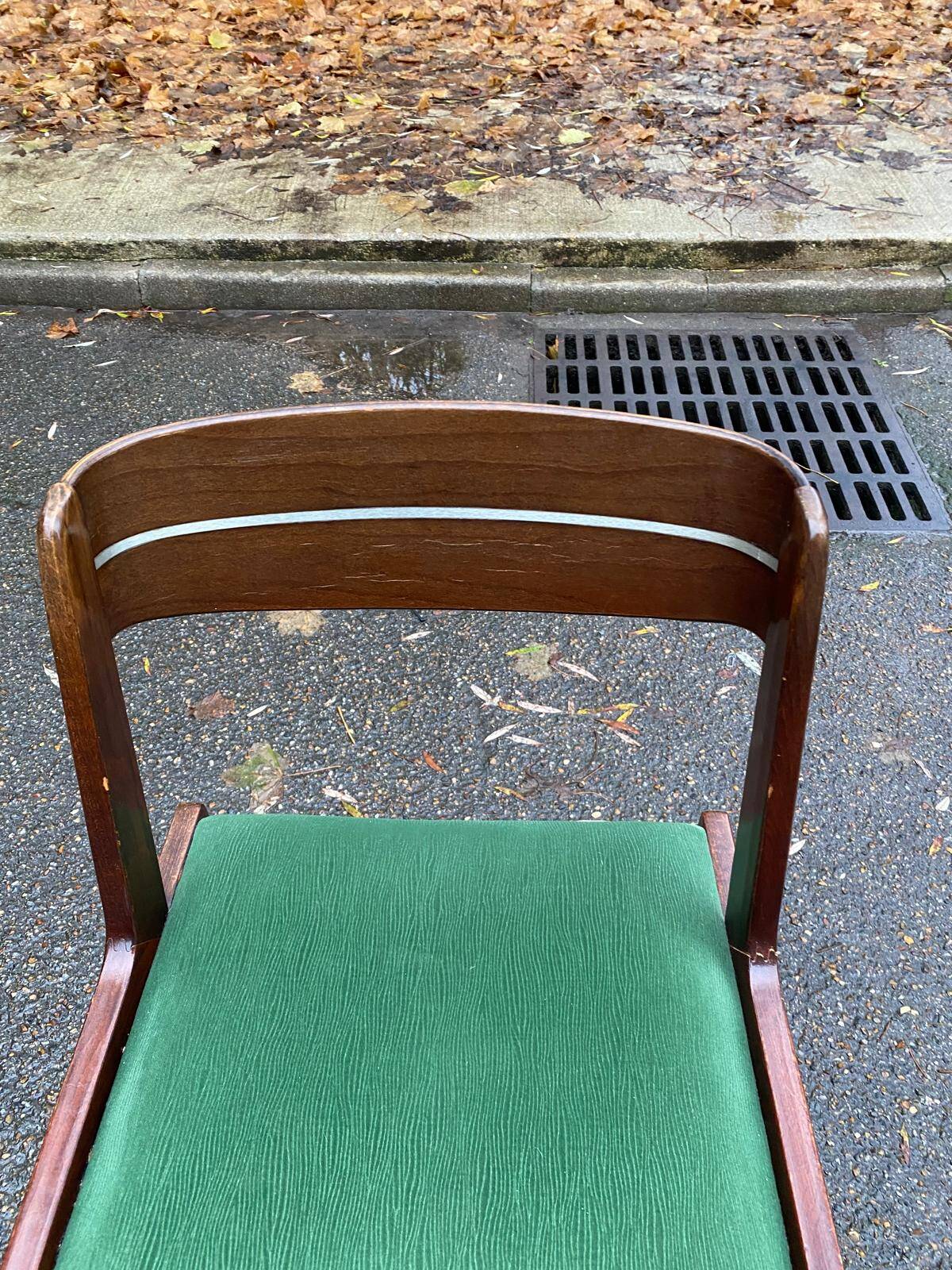 Scandinavian dining table and 4 Hans Olsen style chairs in teak and velvet.