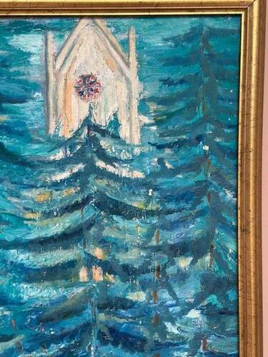Mid-Century Oil on Canvas “Blue Trees” by Ag Liljardh– Vintage & Framed