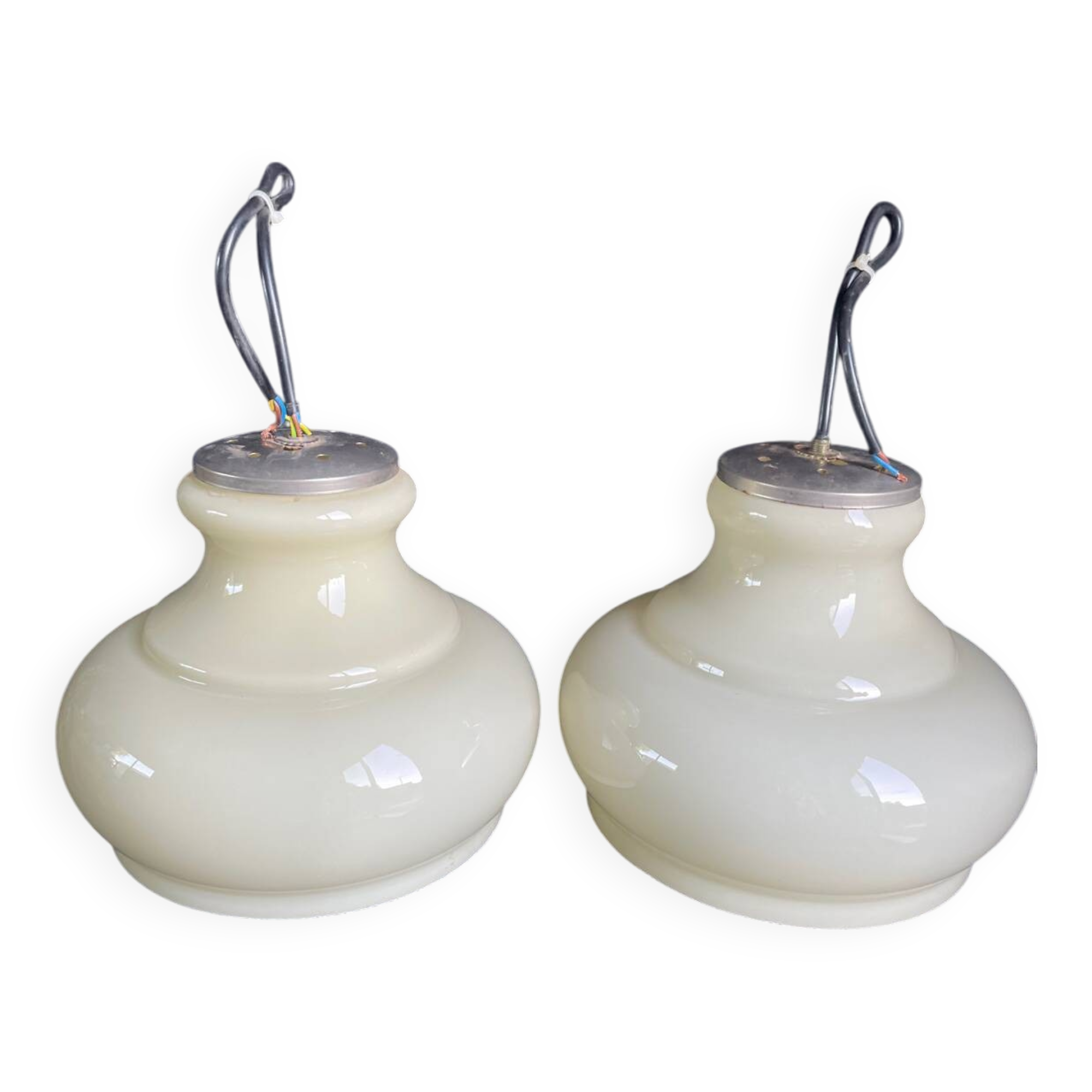 Pair of mid-century vintage opaline milk glass pendant lights