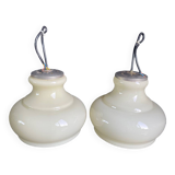 Pair of mid-century vintage opaline milk glass pendant lights