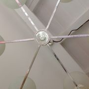 Six-light chrome metal chandelier and opaque glass globes / vintage 60s and 70s