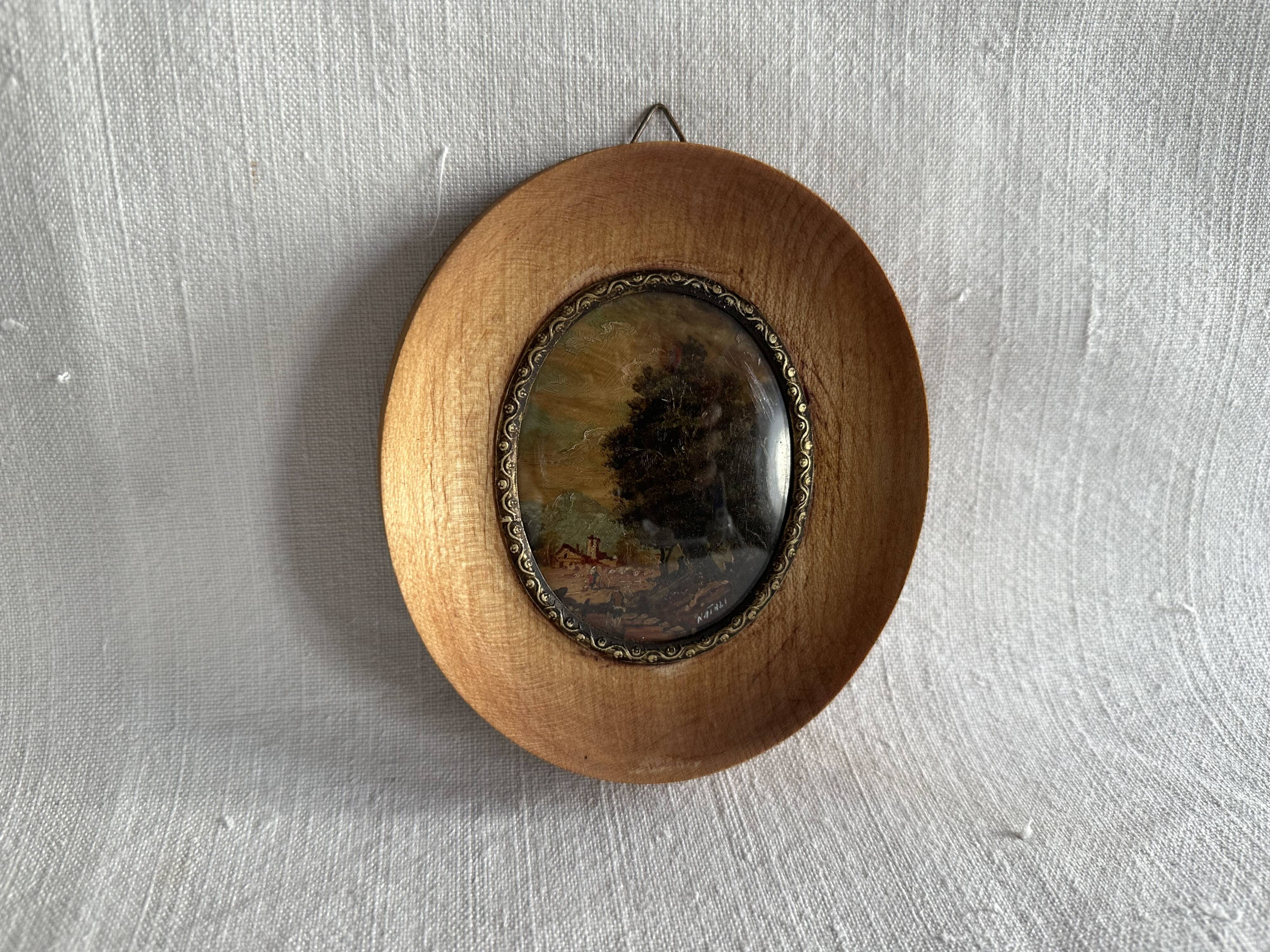 Antique oval miniature painting landscape signed Natali early 20th century