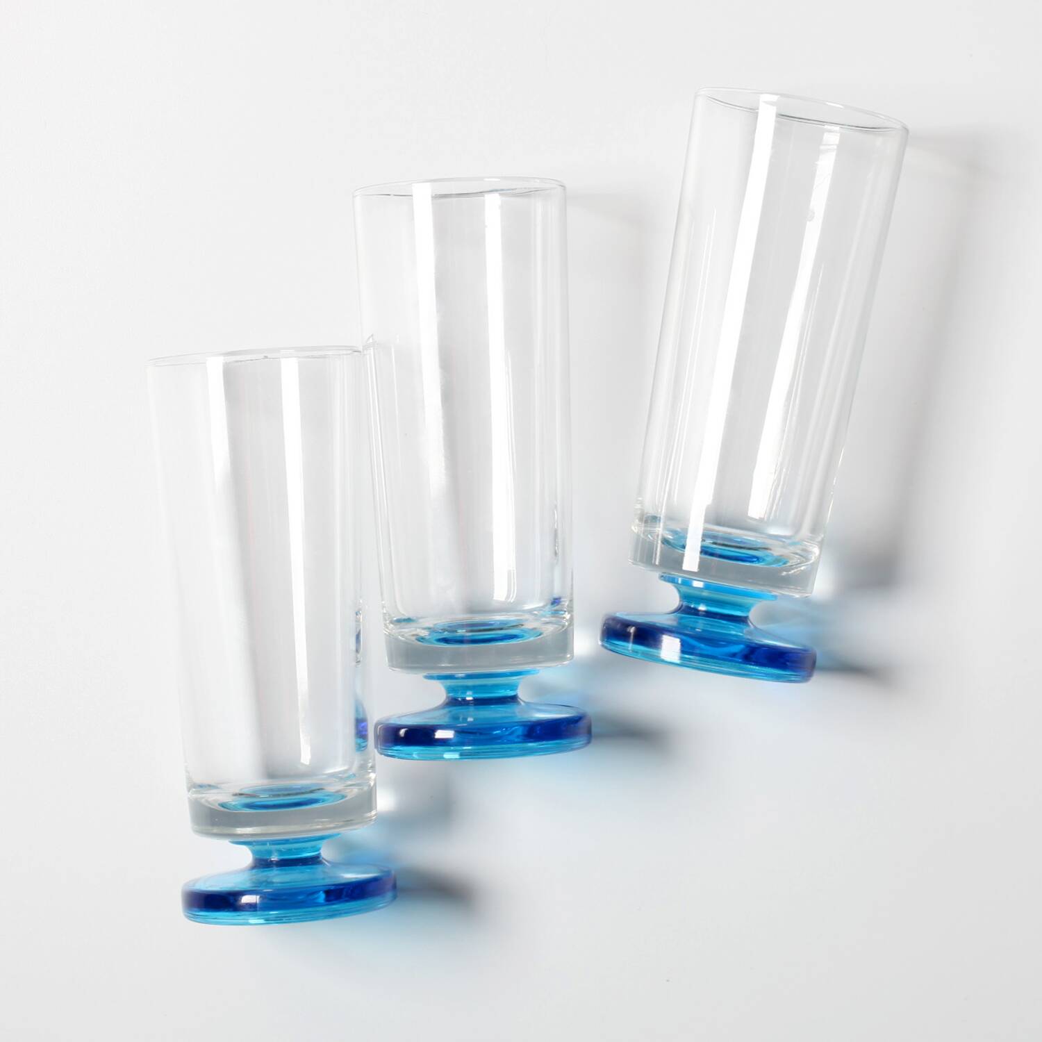 Set of 3 Vintage Blue-Footed Glasses / Mid-century Rare Tall Tumblers