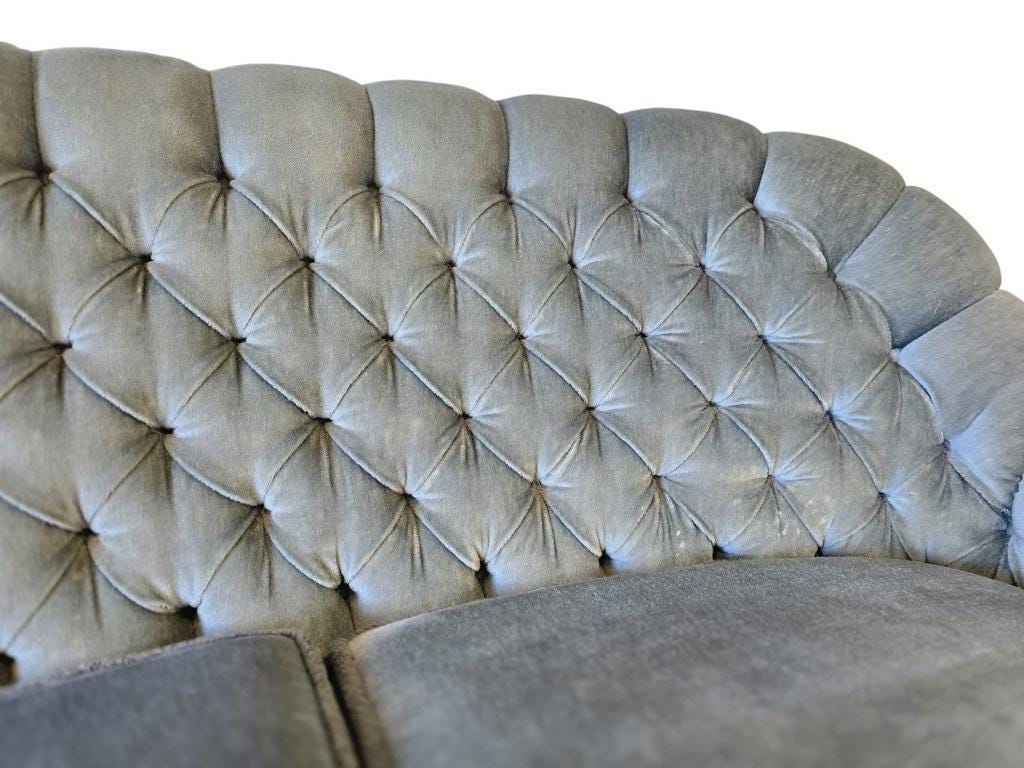 Light blue vintage sofa / armchair with fringes