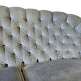 Light blue vintage sofa / armchair with fringes