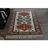 1960's Vintage Turkish Milas Handmade Wool Cotton Red Blue Area Rug 130x180