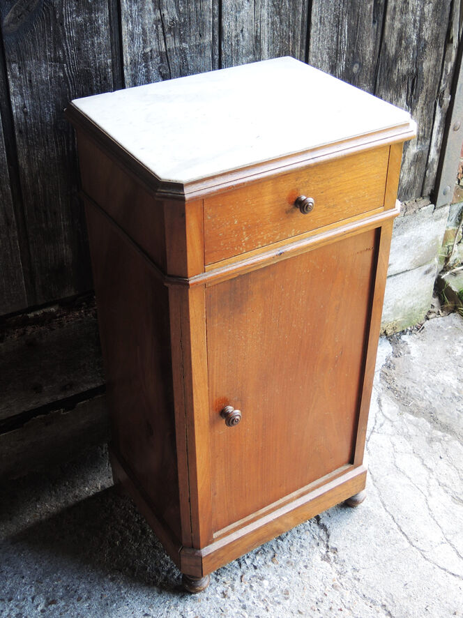Old louis philippe style bedside table in wood & white marble