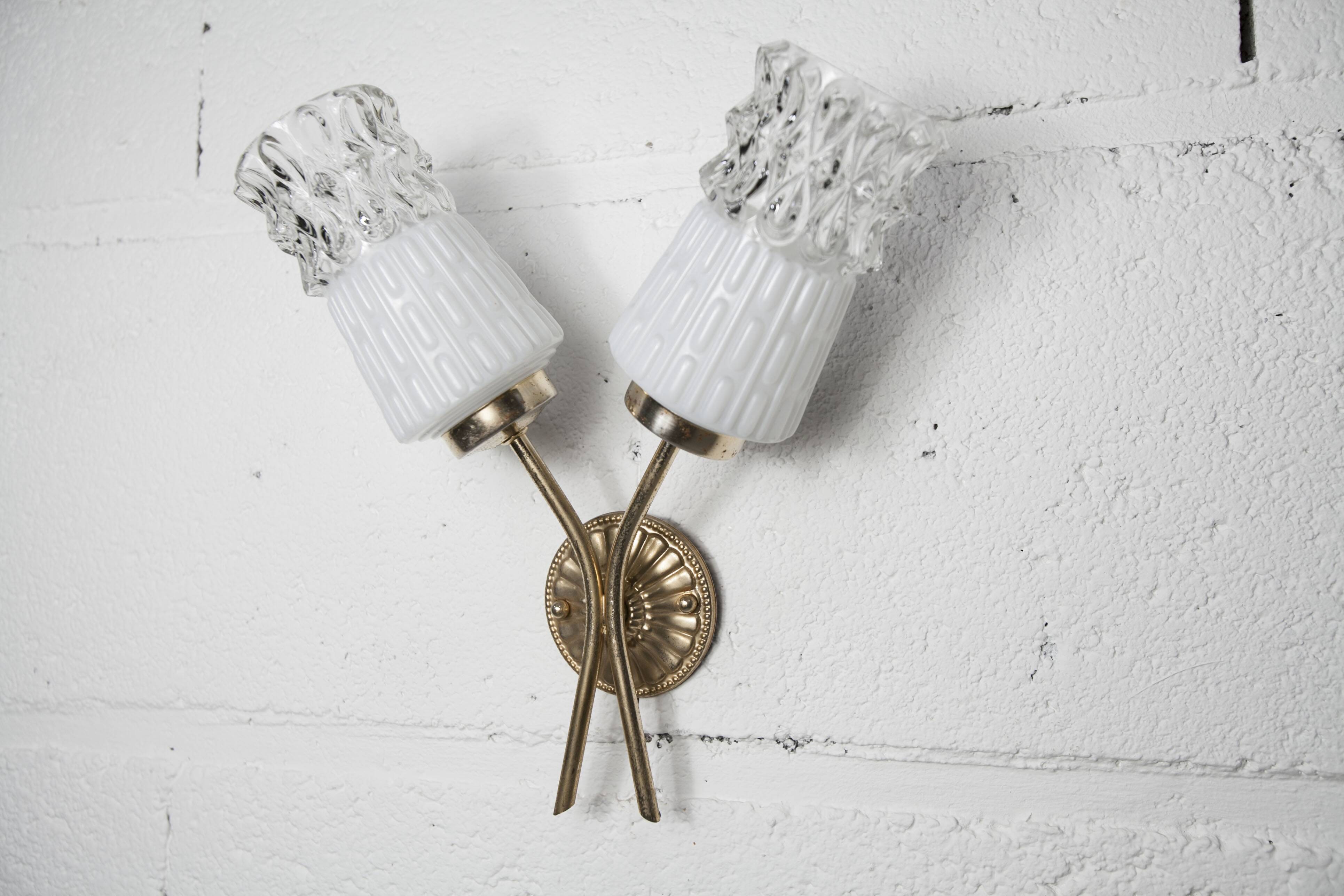 Pair of brass and glass wall lights 1960