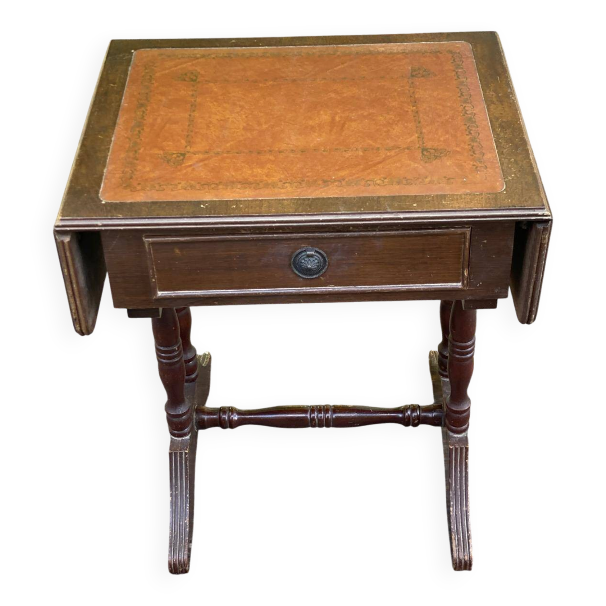 Petite table d'appoint à abattants style anglais plateau cuir & tiroir