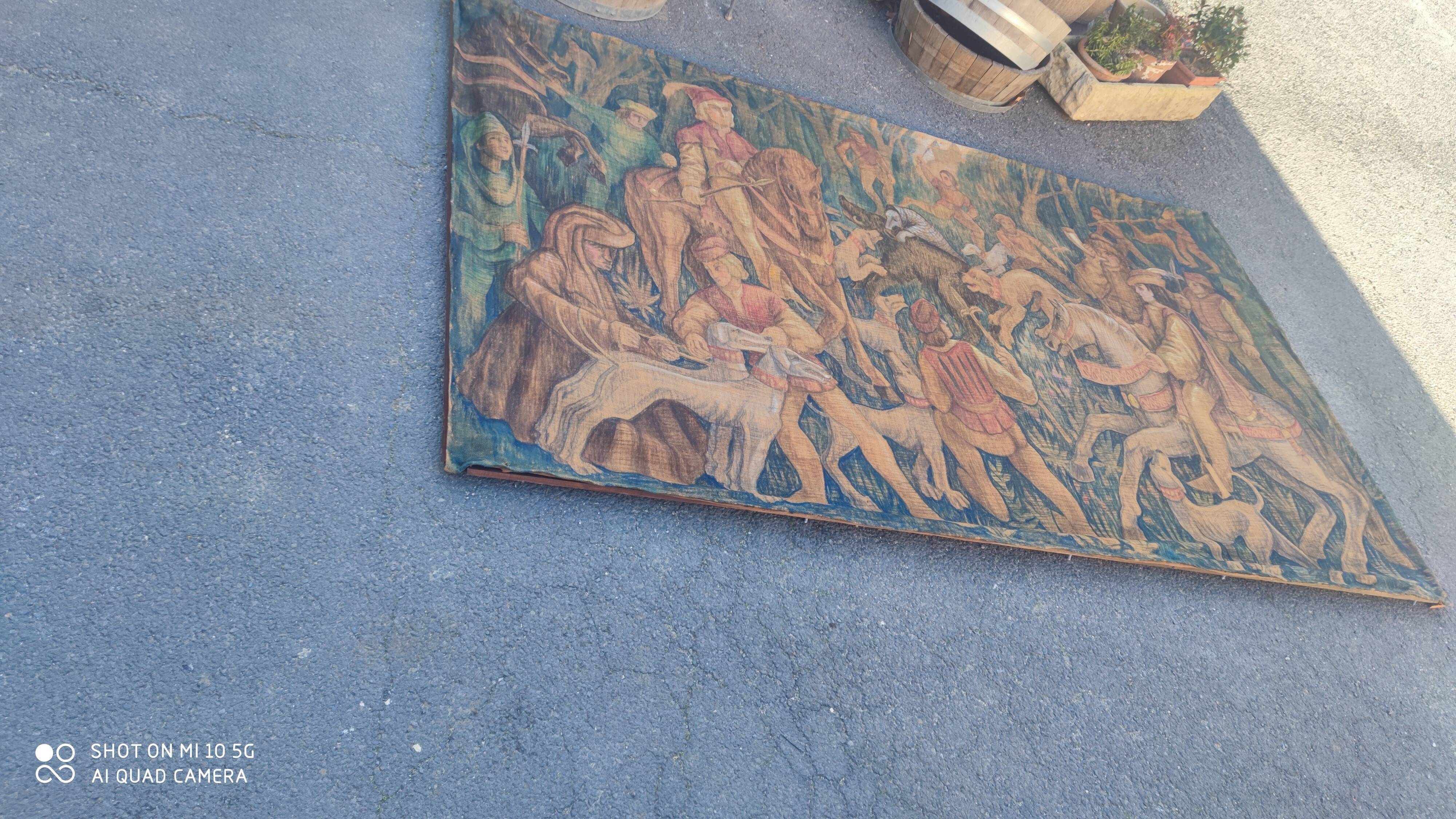 Painted burlap canvas depicting a medieval hunting scene circa 1950 by André Pierre BOURBIOUX, known as "Boul"