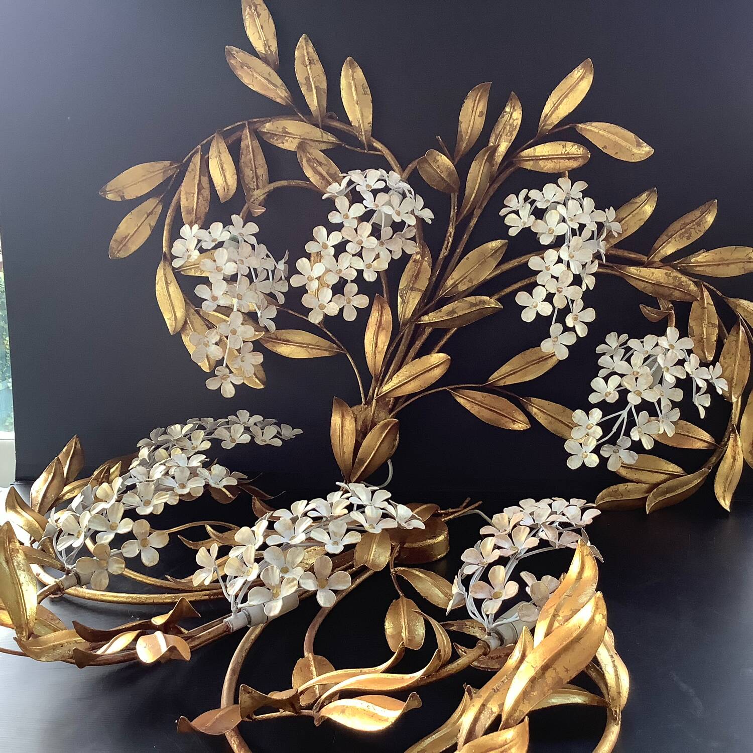 Hans Kogl 2 Vintage Wisteria Floral Wall Sconces with Gold Leaf Finish, 4 Lights