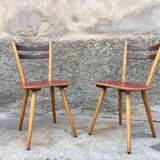 Pair of bistro and bohemian beech chairs, compass feet 1950