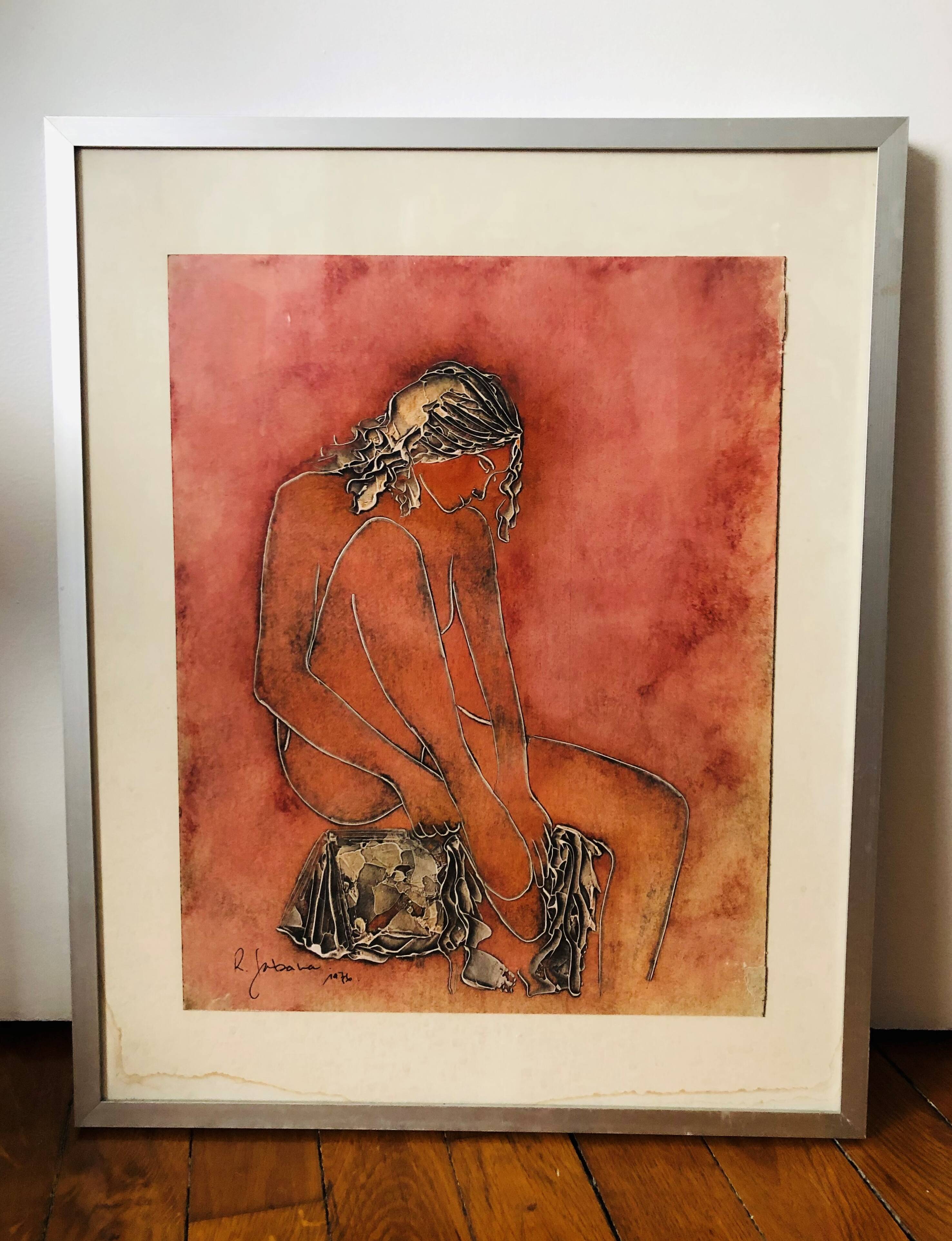 Lithograph: young woman coming out of the bath