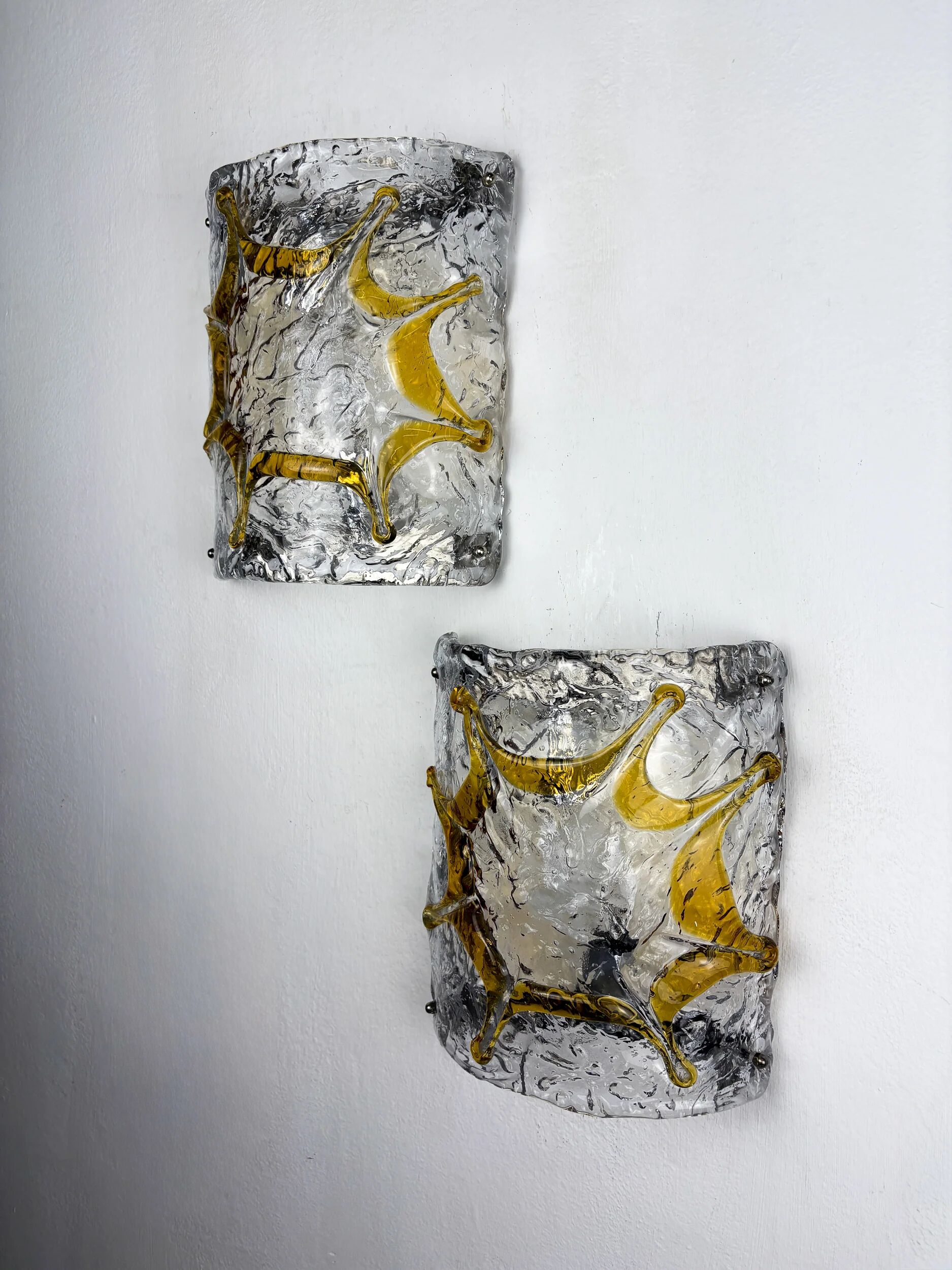 Pair of Mazzega Murano wall lights, orange frosted textured glass, Italy, 1970s