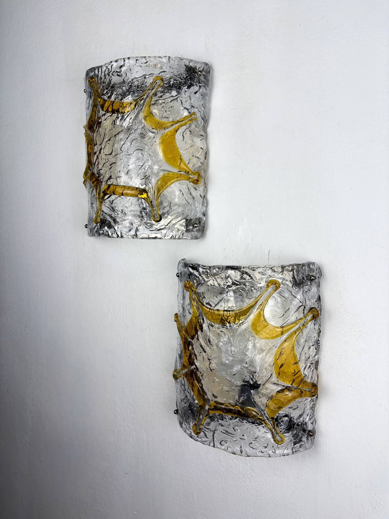 Pair of Mazzega Murano wall lights, orange frosted textured glass, Italy, 1970s