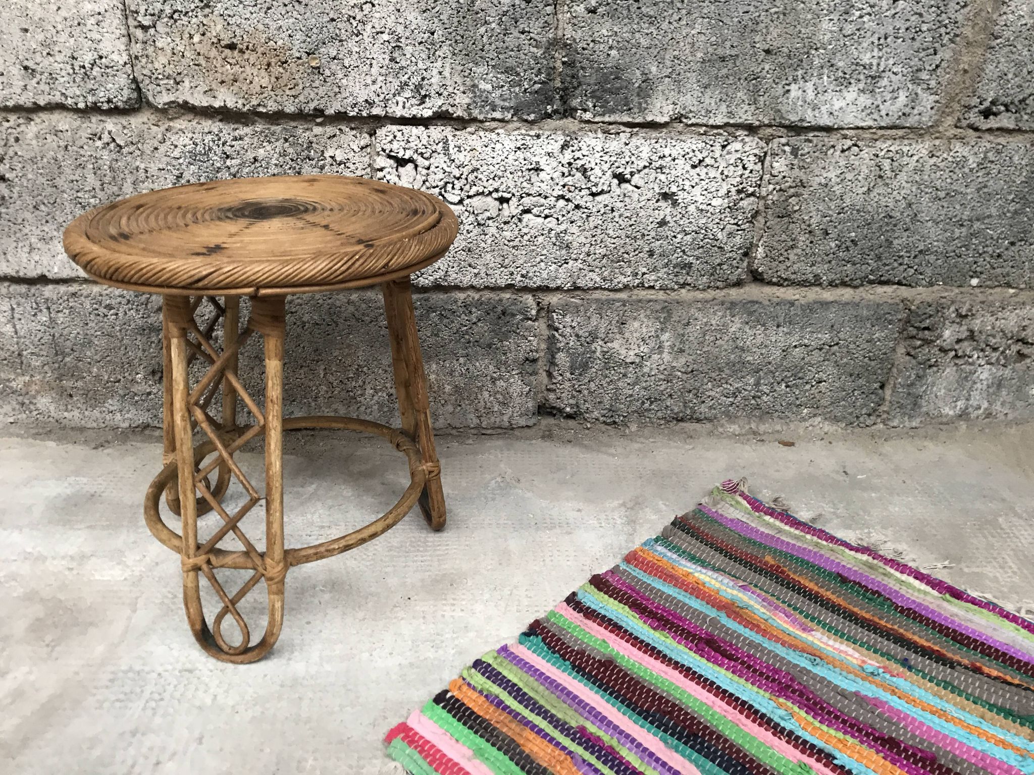 Bamboo stool 50s Decoration natural wood rattan wicker Vintage Plant Door