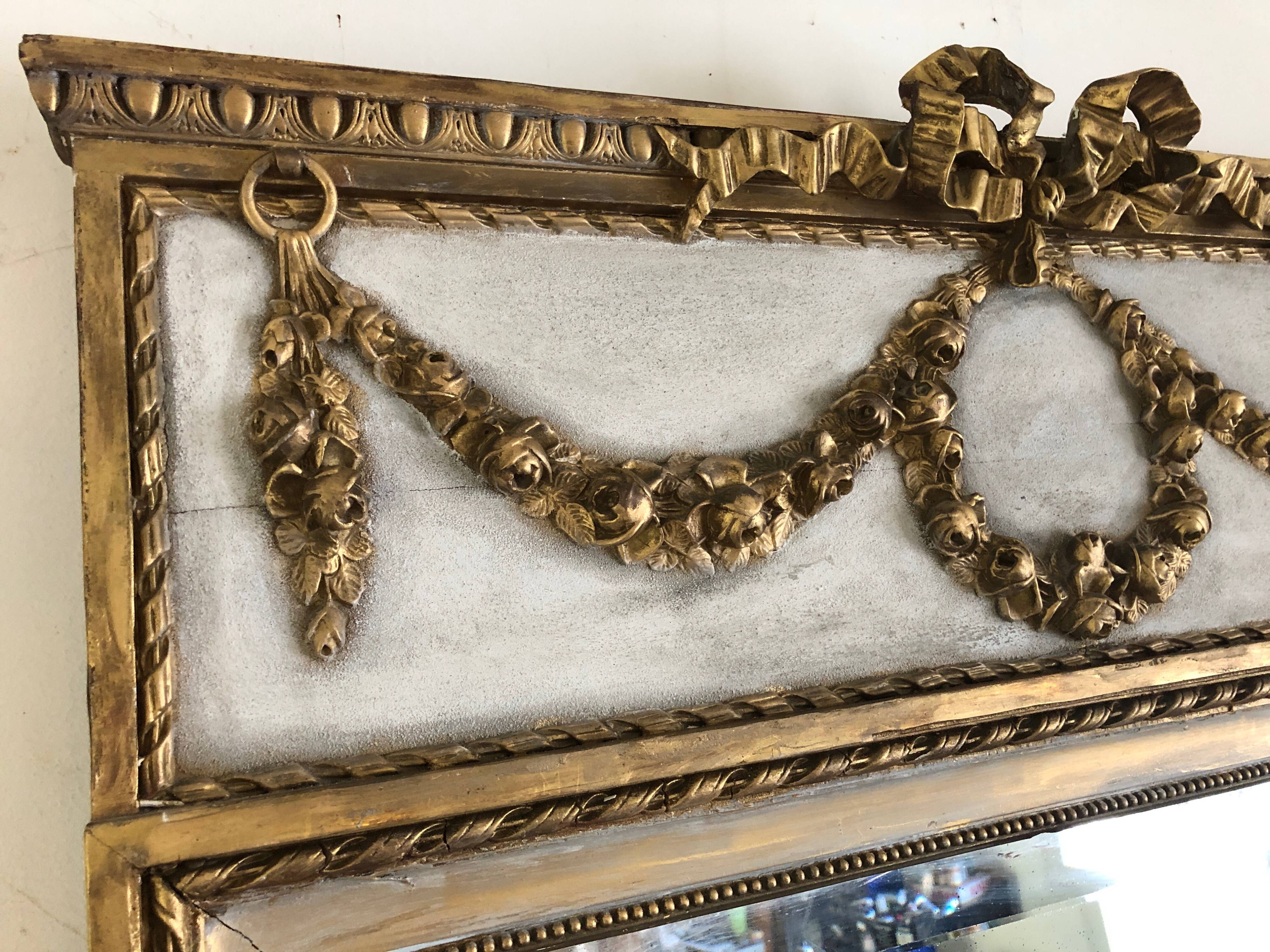 Trumeau/Louis XVI style mirror/Golden wood & stuff/Beveled glass/c1920