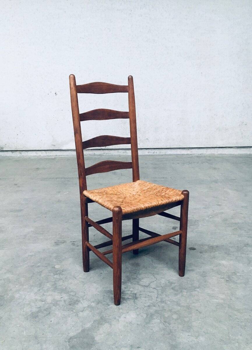 Rustic Handcrafted Oak and Rush High Back Dining Chairs, Belgium, 1940s, Set of 4