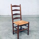 Rustic Handcrafted Oak and Rush High Back Dining Chairs, Belgium, 1940s, Set of 4