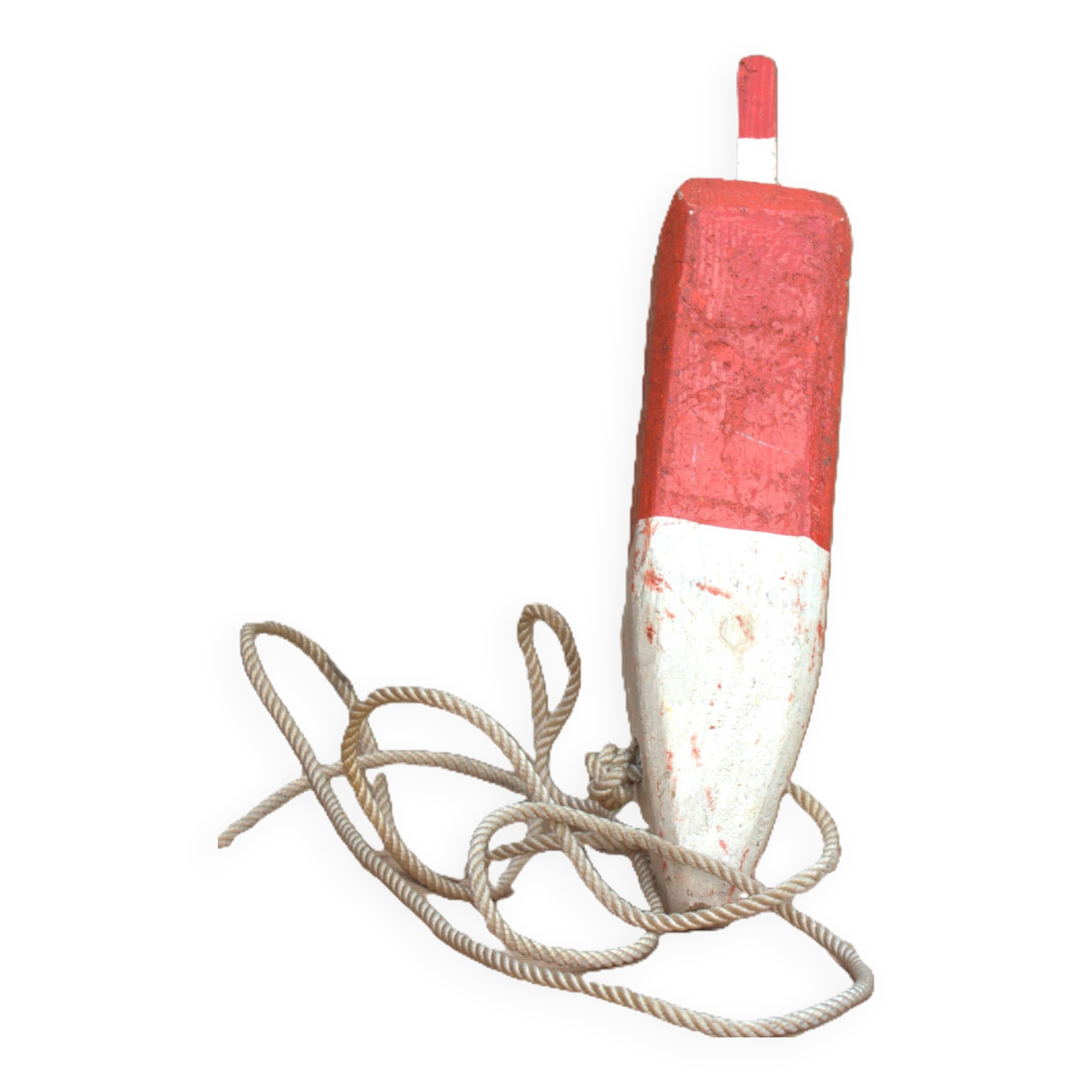 Old red and white wooden buoy