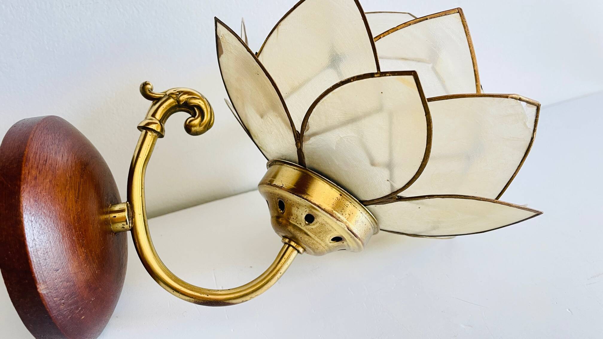 Vintage mother-of-pearl and brass flower wall lamp
