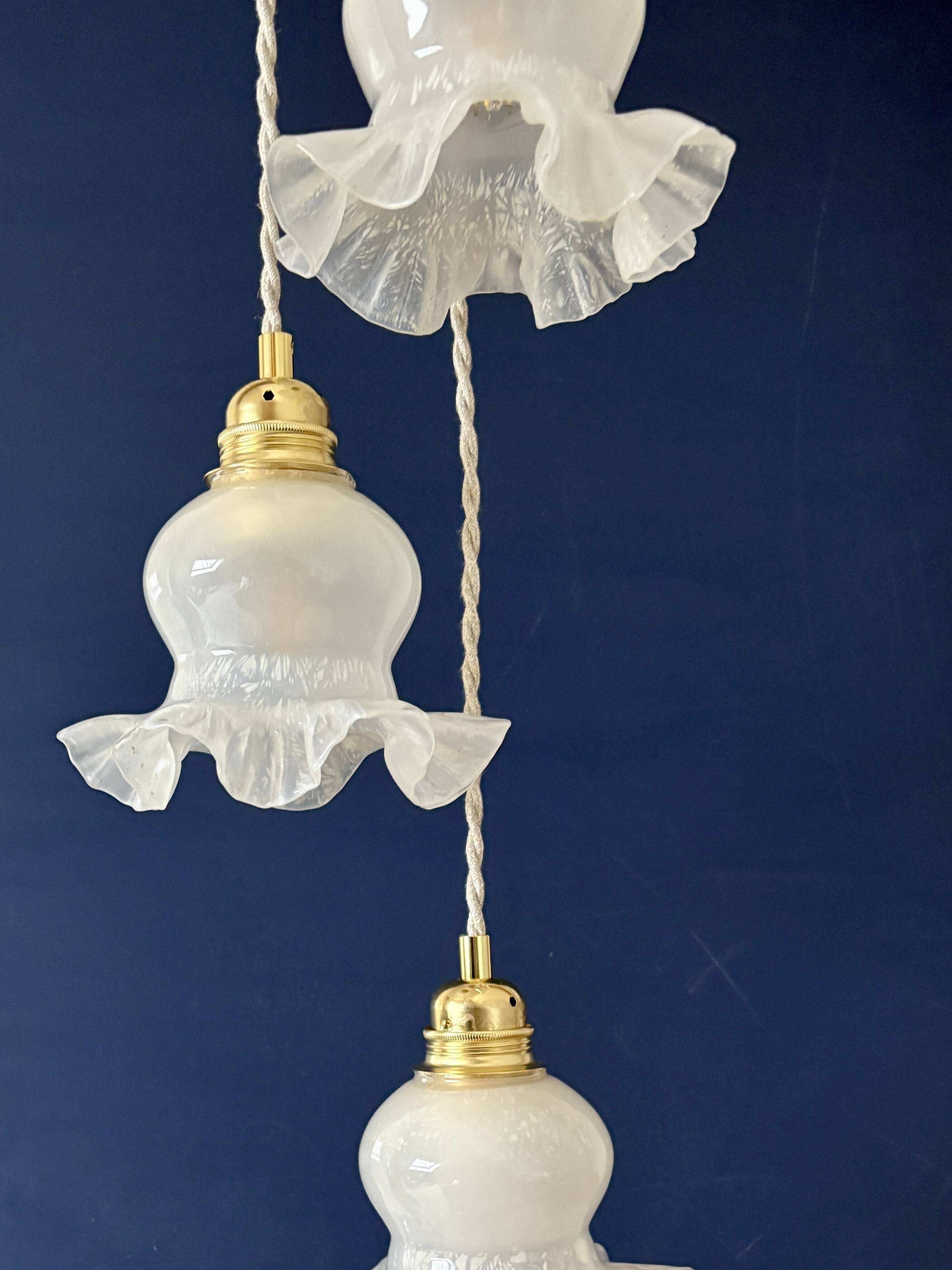 Vintage triple tulip pendant light in white glass