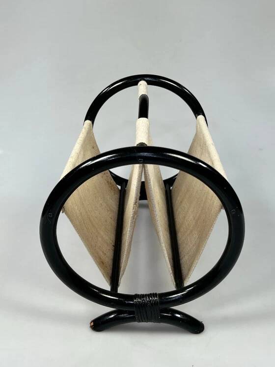 Vintage Round Magazine Rack / Reading Basket, Black Rattan, 1970's