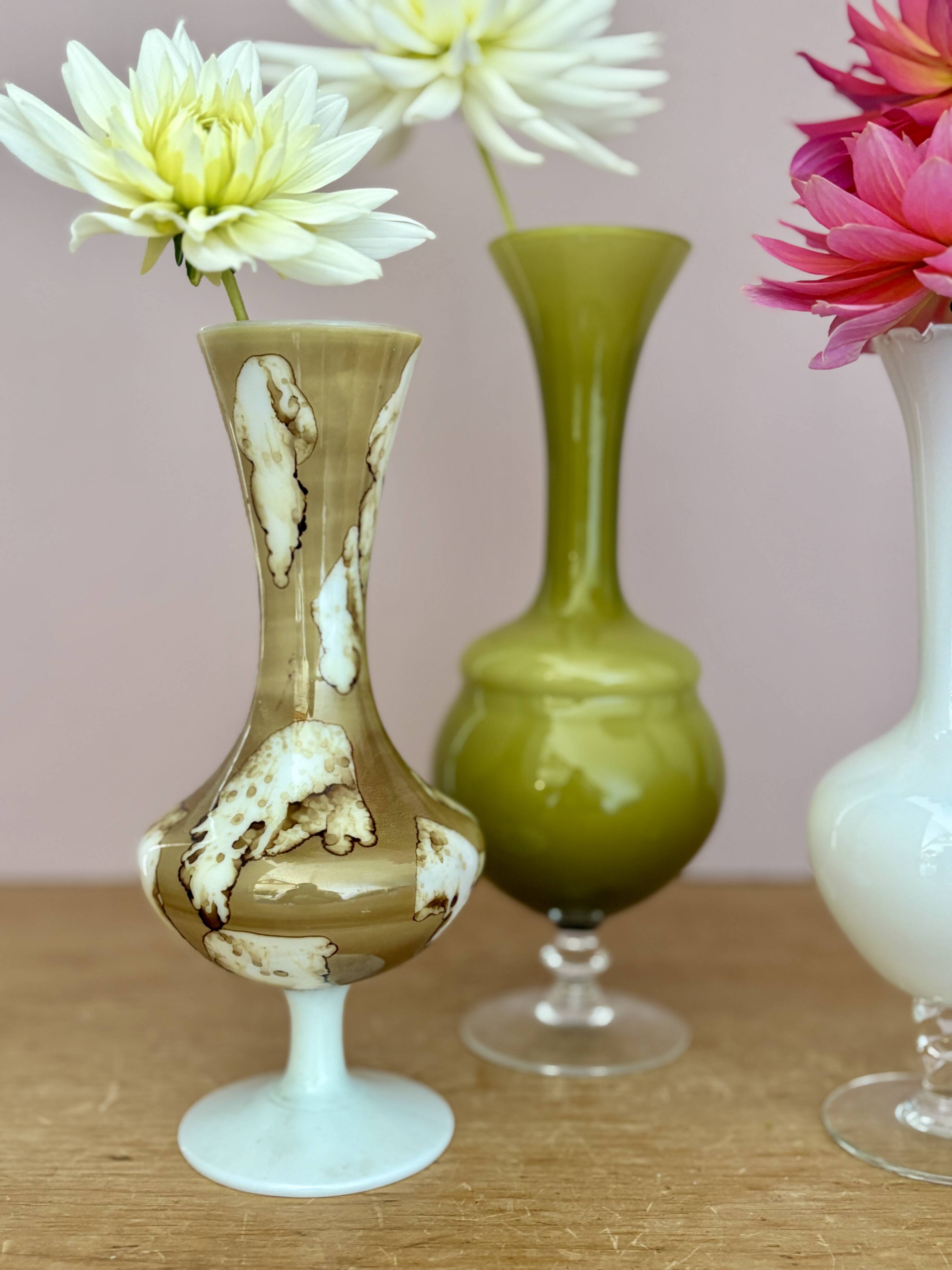 Set of 3 vintage glass and opaline vases